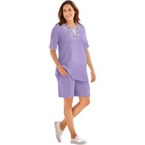 Woman Within Plus Size 7-Day Embroidered Layered-Look Tunic(Soft Iris Flower Embroidery)