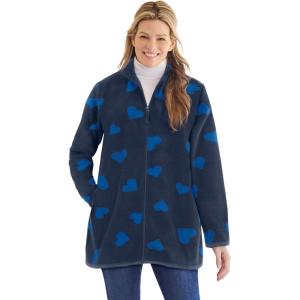 Woman Within Plus Size Zip-Front Microfleece Jacket Long Oversized Fleece(Royal Navy Sweethearts)