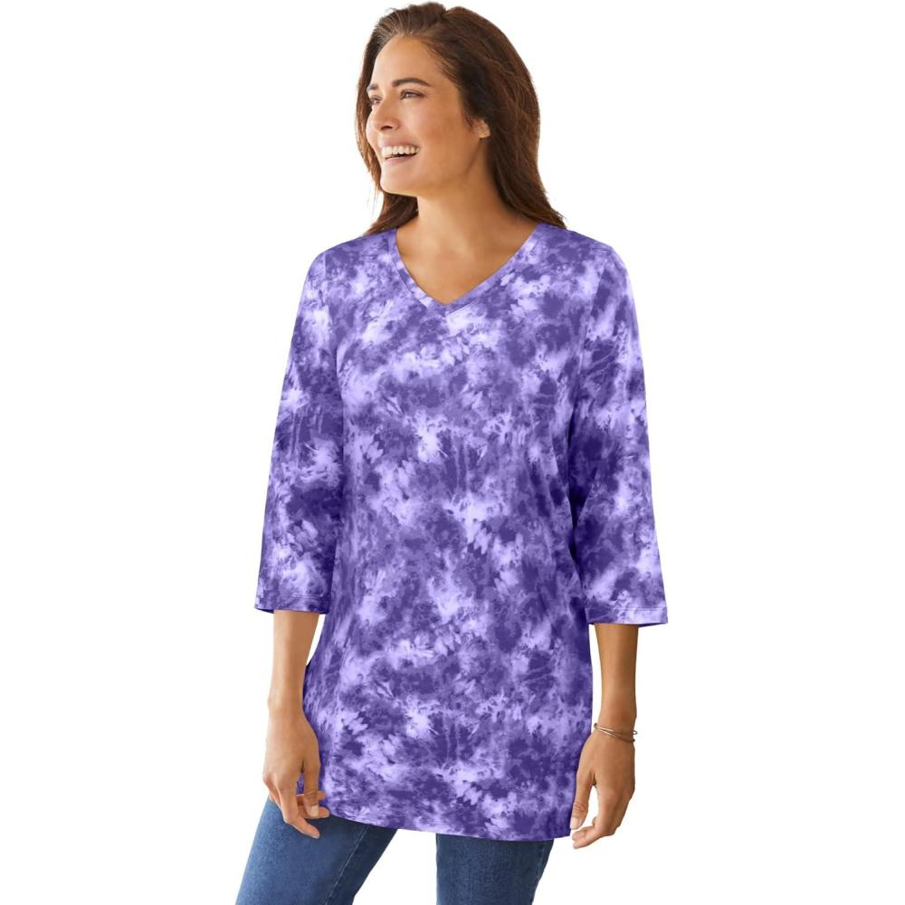 imageWoman Within Plus Size Perfect Printed ThreeQuarterSleeve VNeck TunicPetal Purple Tie Dye