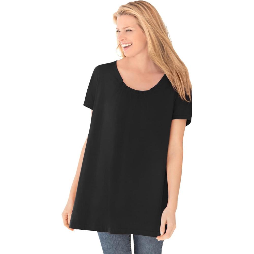 imageWoman Within Plus Size Perfect ShortSleeve Shirred UNeck TunicBlack
