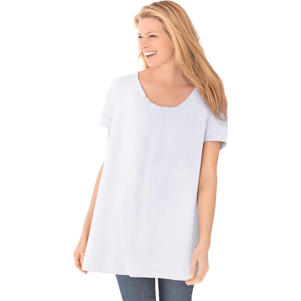 imageWoman Within Plus Size Perfect ShortSleeve Shirred UNeck TunicWhite