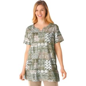 Woman Within Plus Size 7-Day Notch-Neck Tunic(Olive Green Geo Patchwork)