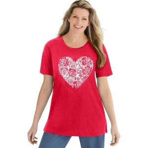 Woman Within Plus Size Graphic Tee(Vivid Red Heart Bouquet)