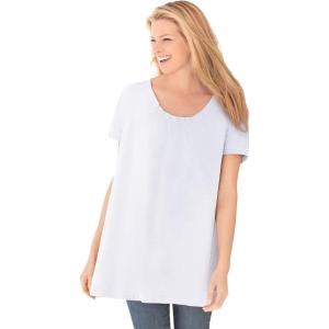 Woman Within Plus Size Perfect Short-Sleeve Shirred U-Neck Tunic(White)