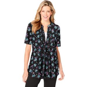 Woman Within Plus Size 7-Day Layer-Look Elbow-Sleeve Tee(Black Ditsy Bouquet)