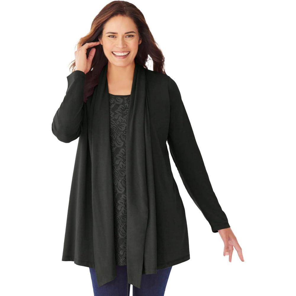 imageWoman Within Plus Size 2Fer Cardigan ampamp Attached Lace TunicBlack