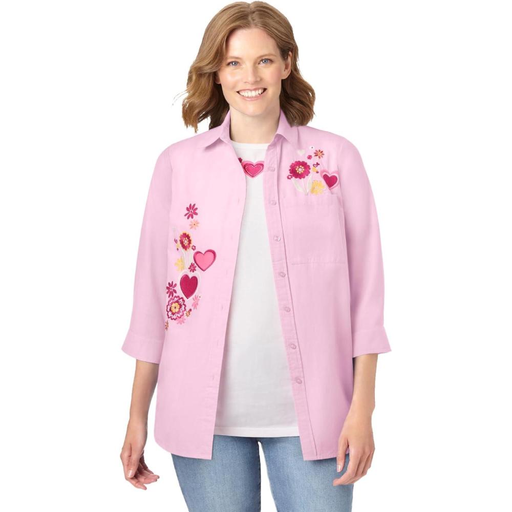 imageWoman Within Plus Size 2Piece Embroidered Poplin Tunic And Tee SetPink Heart Floral