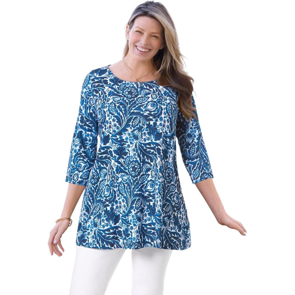 imageWoman Within Plus Size 2Pocket Swing TunicWhite Blue Batik