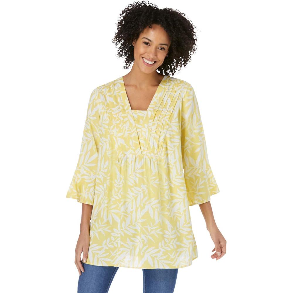 imageWoman Within Plus Size BellSleeve VNeck TunicPrimrose Yellow Leaf