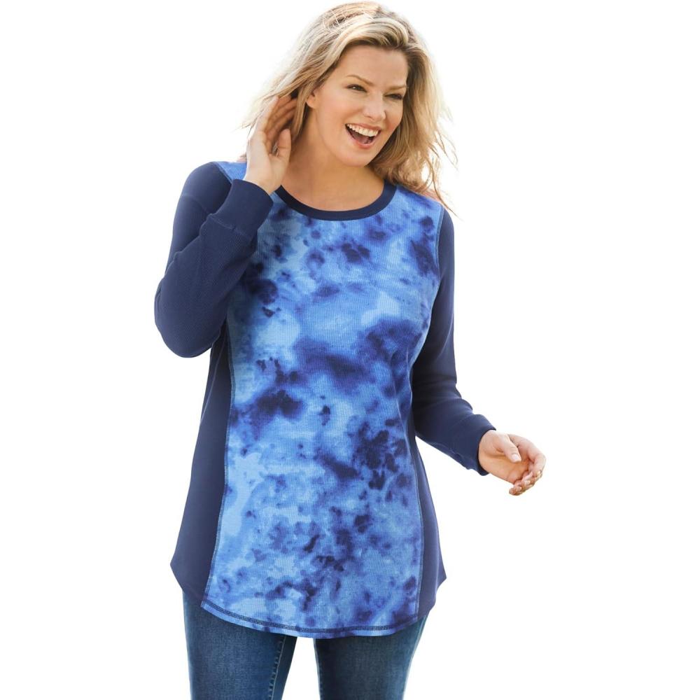 imageWoman Within Plus Size Colorblock Scoopneck Thermal SweatshirtBlue Tie Dye