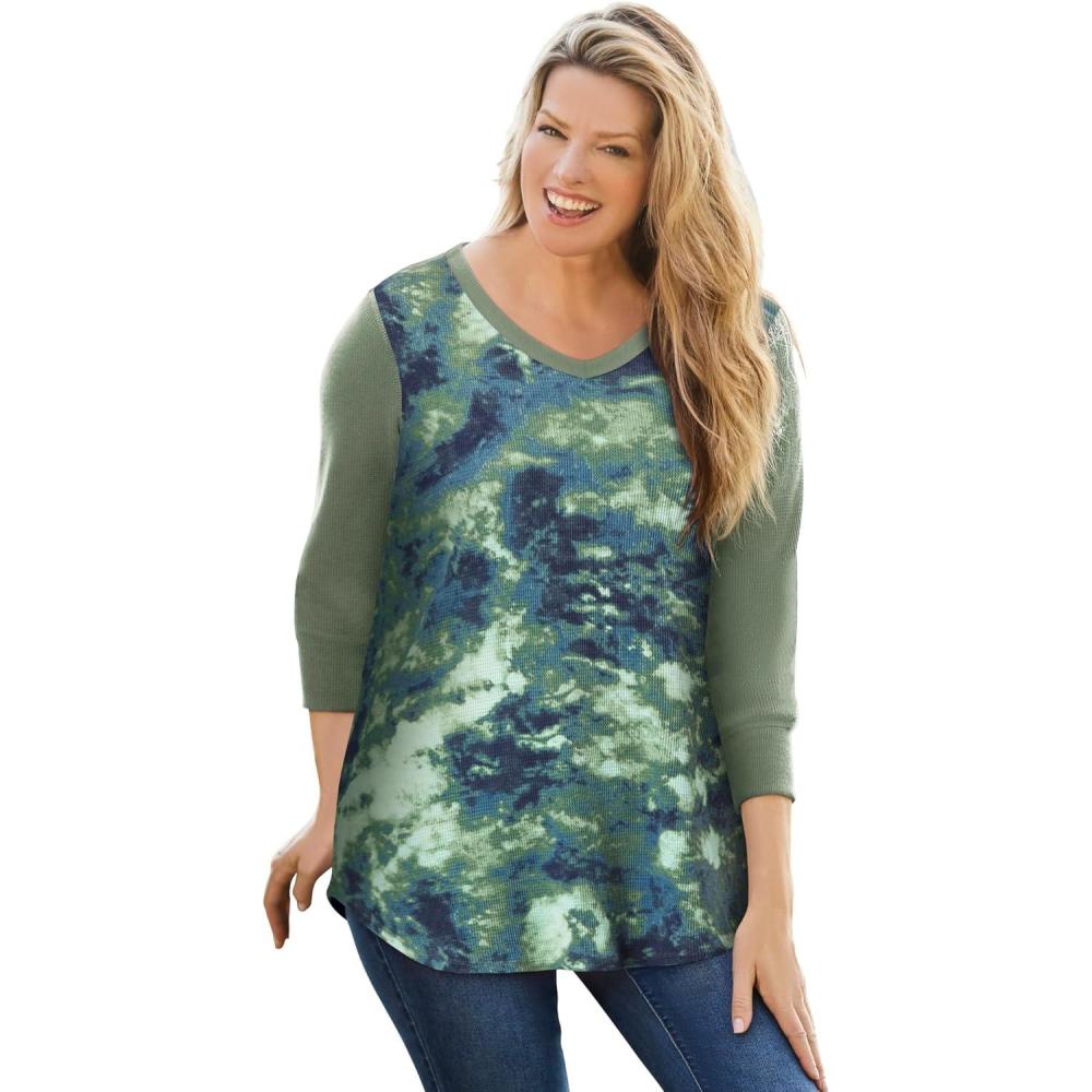 imageWoman Within Plus Size Colorblock Scoopneck Thermal SweatshirtPine Pretty Tie Dye