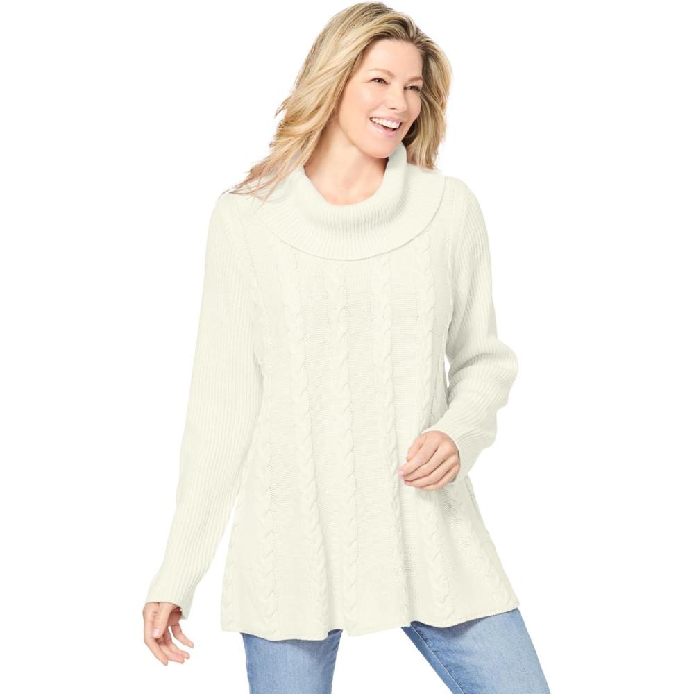 imageWoman Within Plus Size Cowl Neck Cable Knit Swing SweaterIvory