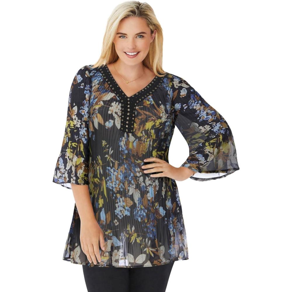 imageWoman Within Plus Size Embellished Pleated BlouseBlack Lilac Floral