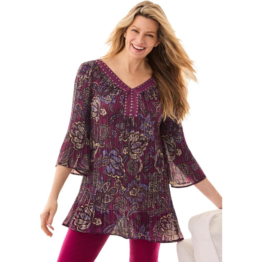 imageWoman Within Plus Size Embellished Pleated BlouseDeep Claret Multi Paisley