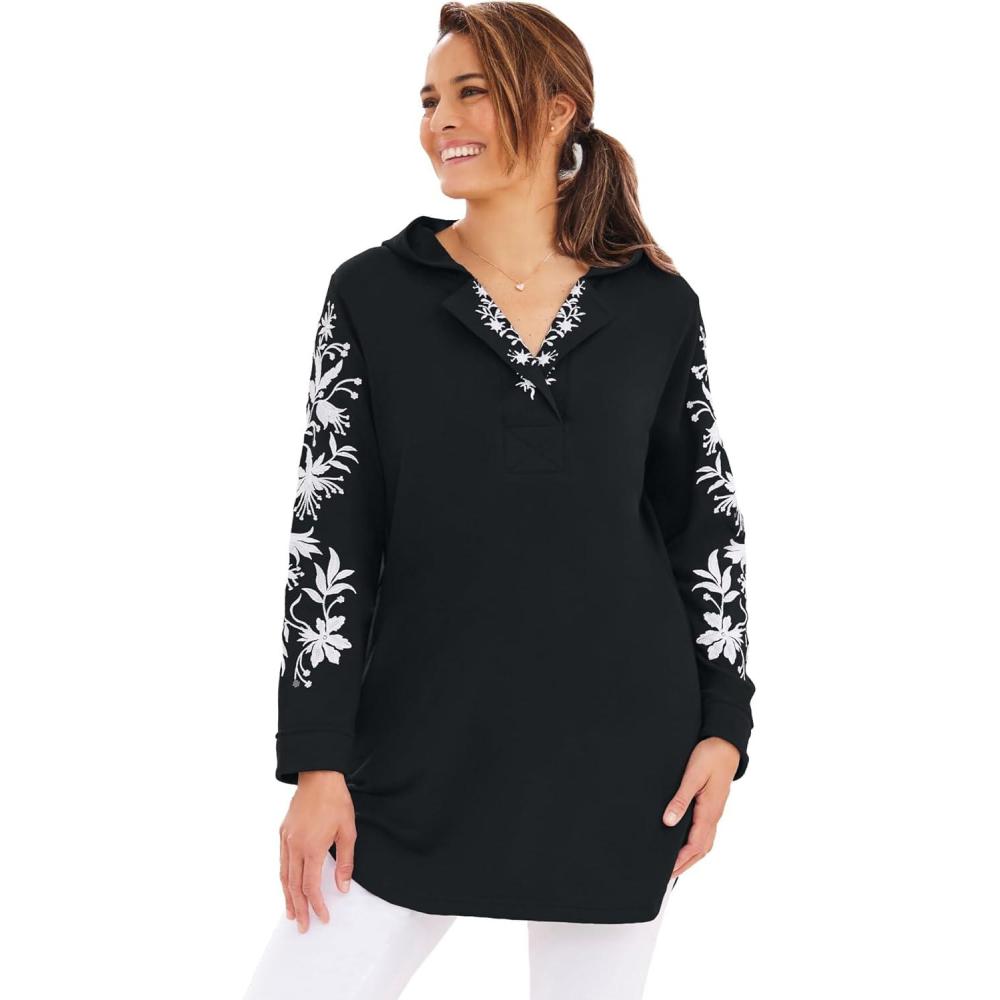 imageWoman Within Plus Size Embroidered Hoodie SweatshirtBlack Embroidery