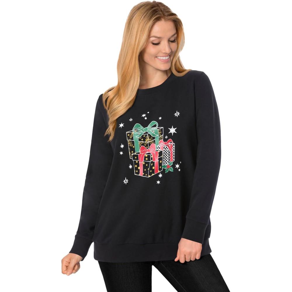 imageWoman Within Plus Size Fleece Holiday SweatshirtBlack Multi Presents