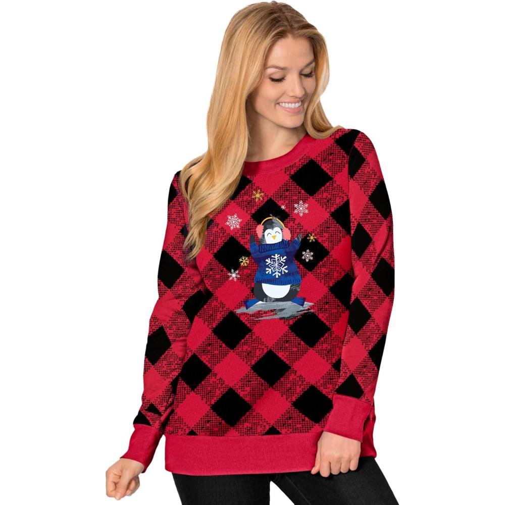 imageWoman Within Plus Size Fleece Holiday SweatshirtVivid Red Dancing Penguin