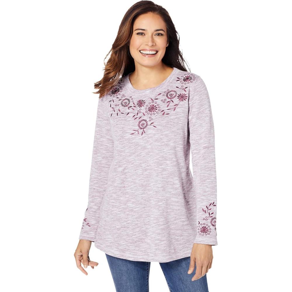 imageWoman Within Plus Size Floral Embroidered Sweatshirt TeeDeep Claret Marled Embroidery