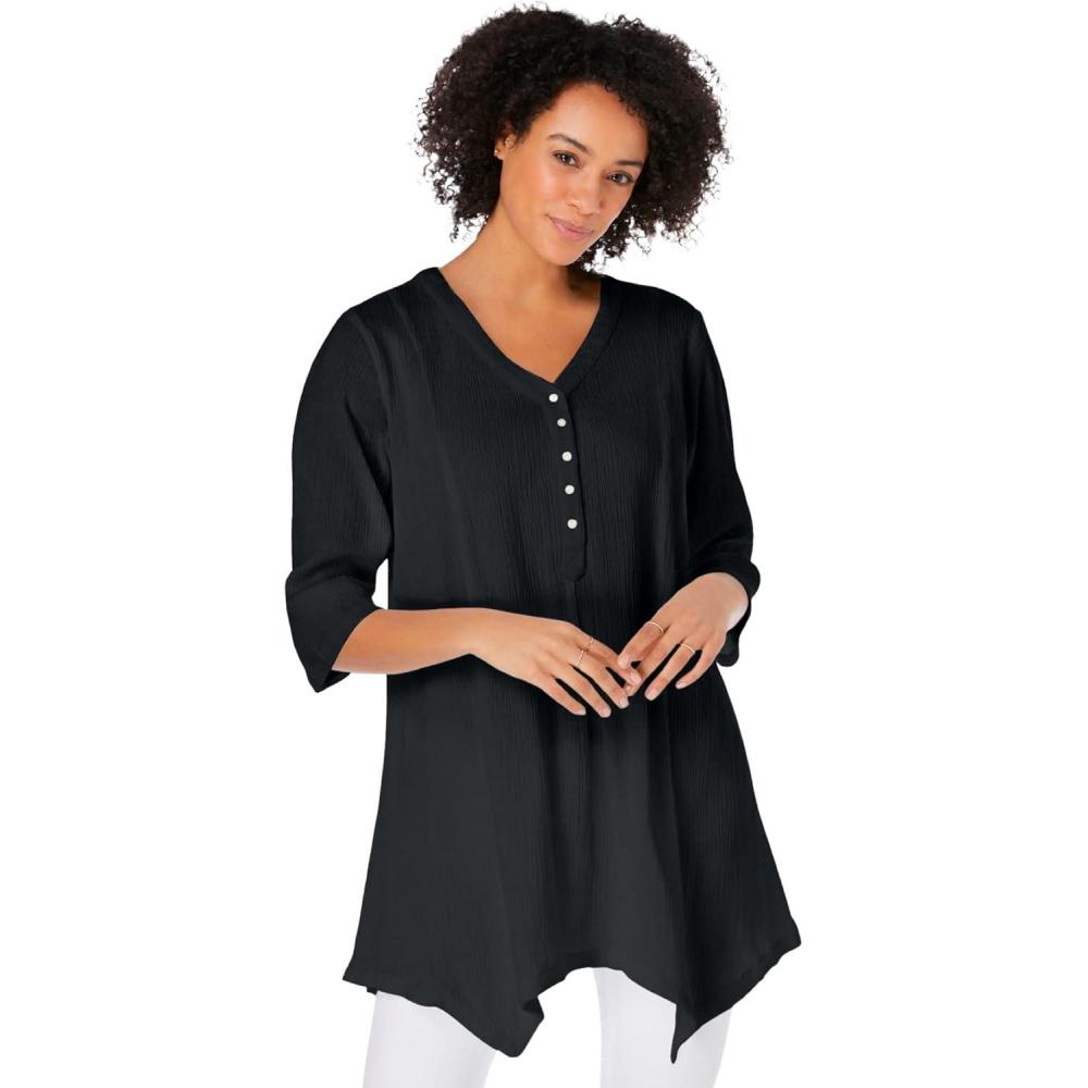 imageWoman Within Plus Size Handkerchief Hem Henley TunicBlack
