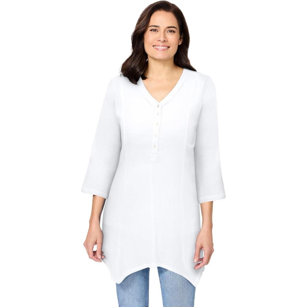 imageWoman Within Plus Size Handkerchief Hem Henley TunicWhite