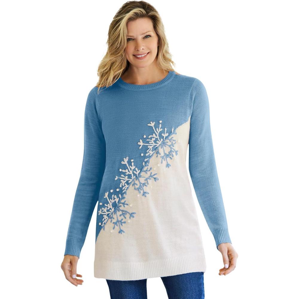 imageWoman Within Plus Size Holiday Snowflake Jacquard SweaterAtlantic Blue Snowflake Embroidery