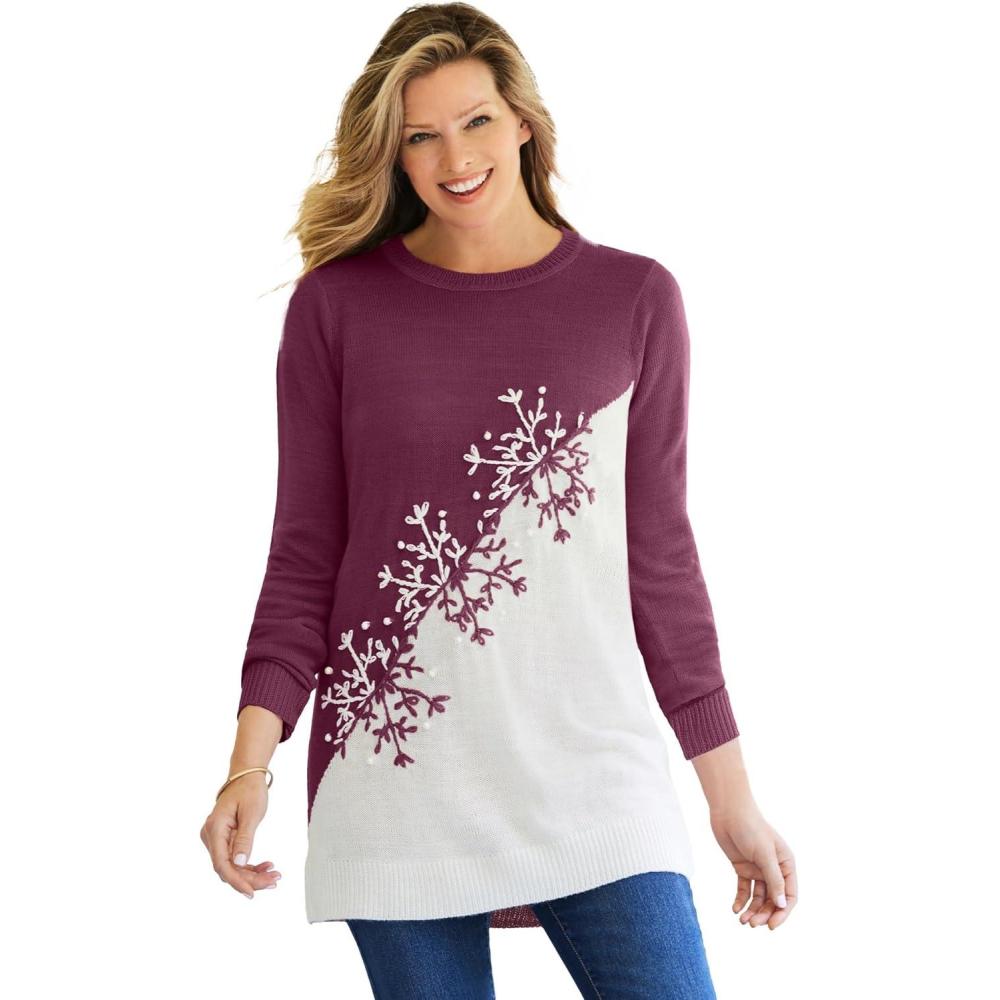imageWoman Within Plus Size Holiday Snowflake Jacquard SweaterDeep Claret Snowflake Embroidery