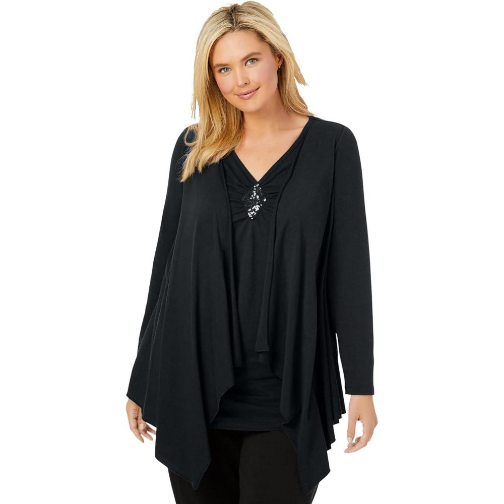 imageWoman Within Plus Size Layered Look Long Top With Sequined InsetBlack