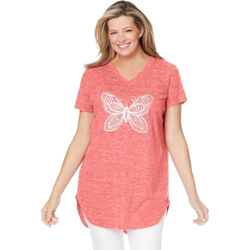 imageWoman Within Plus Size Marled VNeck TunicSweet Coral Butterfly