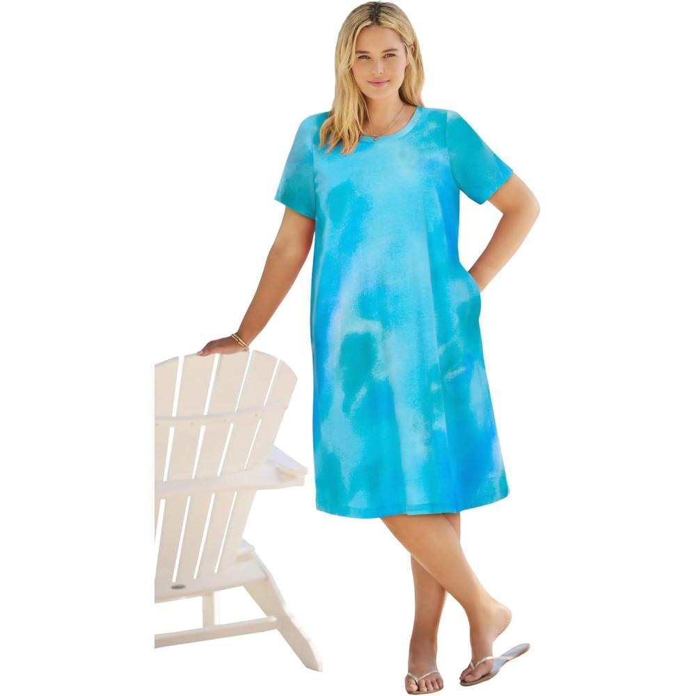imageWoman Within Plus Size Perfect ShortSleeve Crewneck Tee DressPretty Turquoise Tie Dye