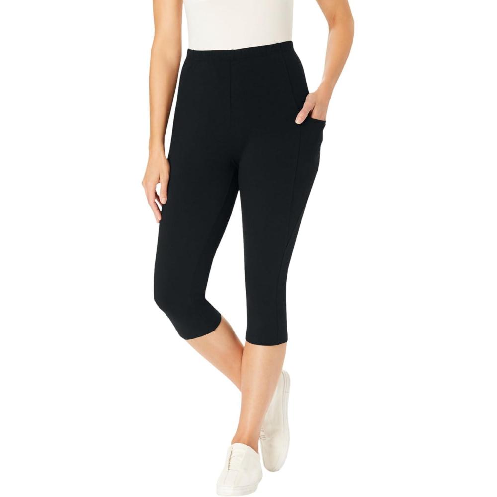 imageWoman Within Plus Size Petite StretchCotton Knit PullOn Pocket Capri LeggingsBlack