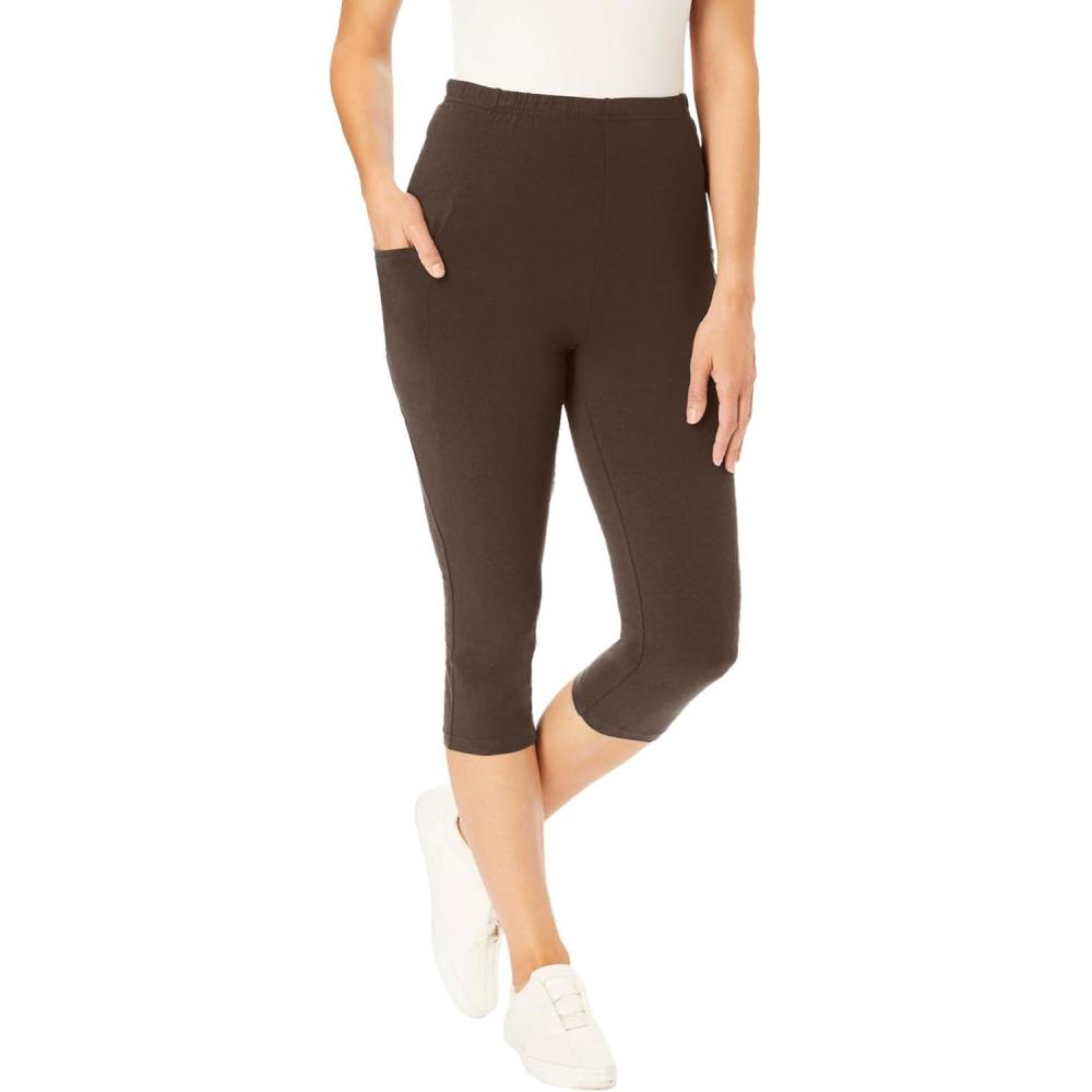 imageWoman Within Plus Size Petite StretchCotton Knit PullOn Pocket Capri LeggingsChocolate
