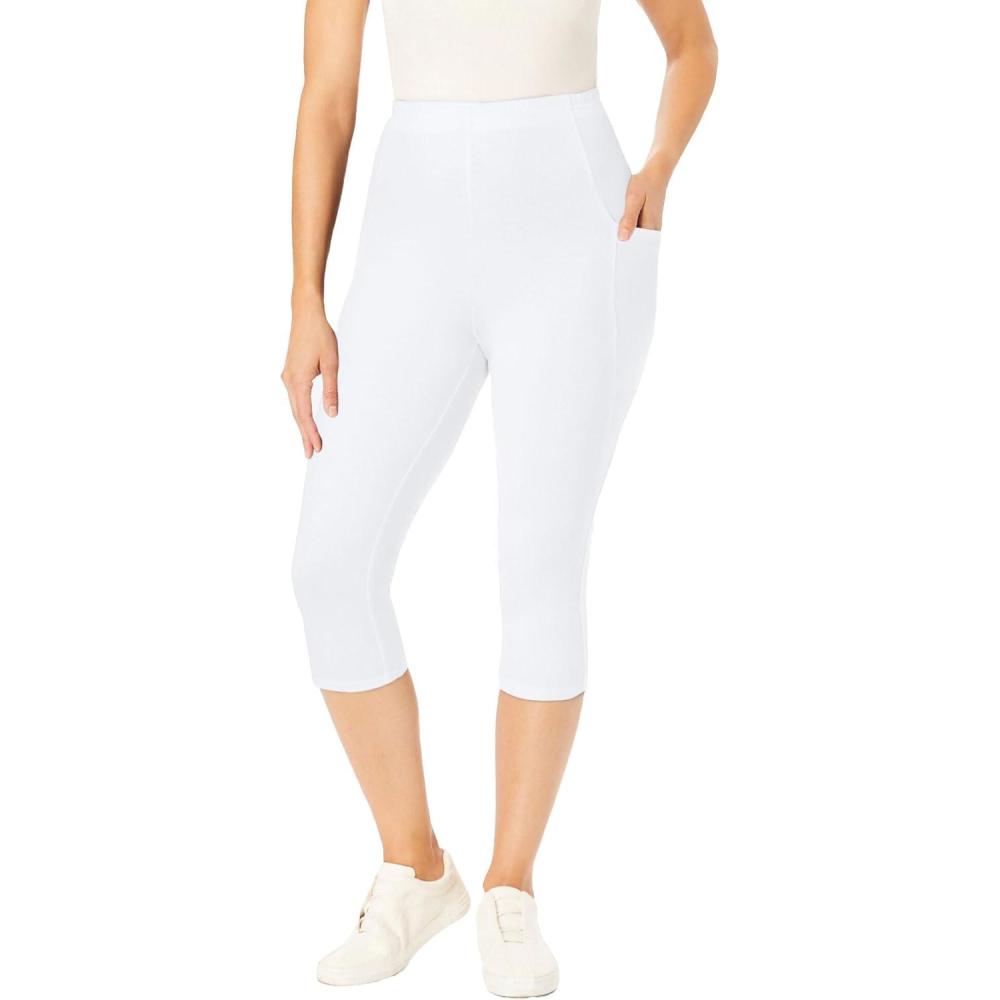 imageWoman Within Plus Size Petite StretchCotton Knit PullOn Pocket Capri LeggingsWhite