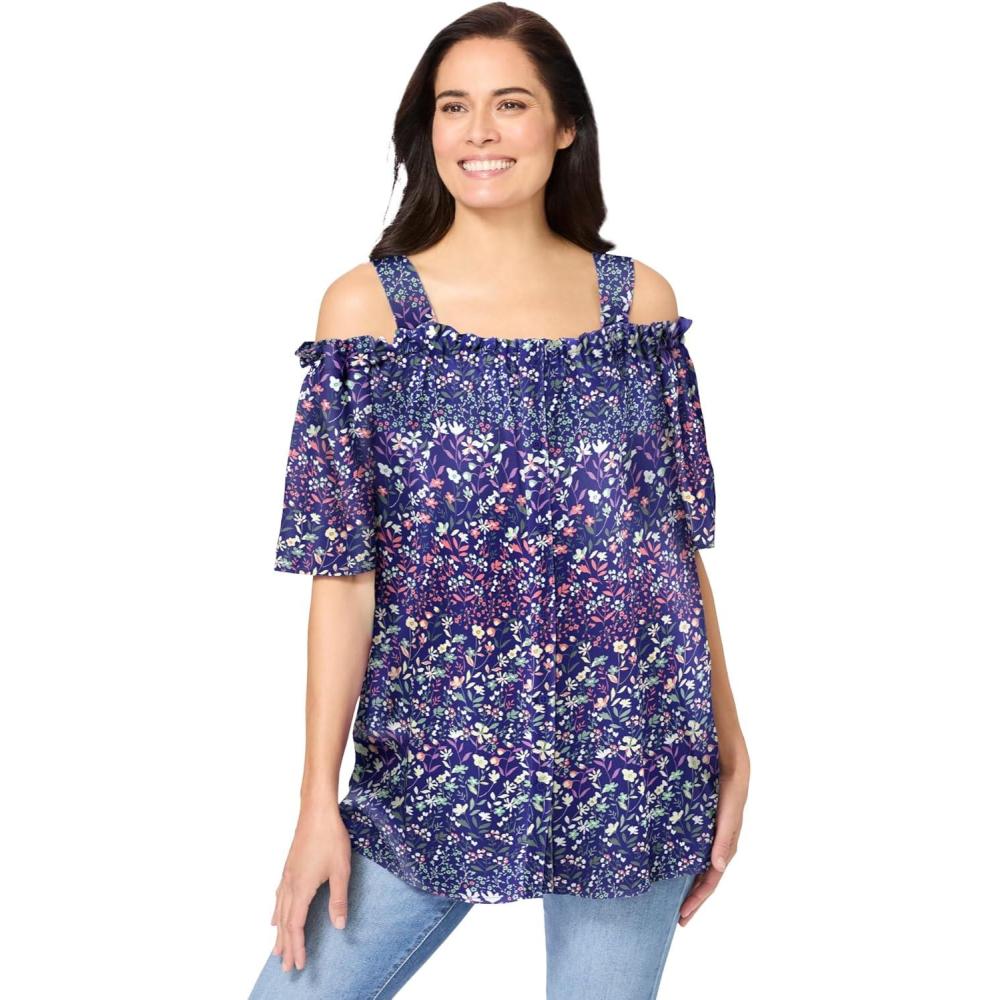 imageWoman Within Plus Size Printed ColdShoulder BlouseClassic Navy Garden Print