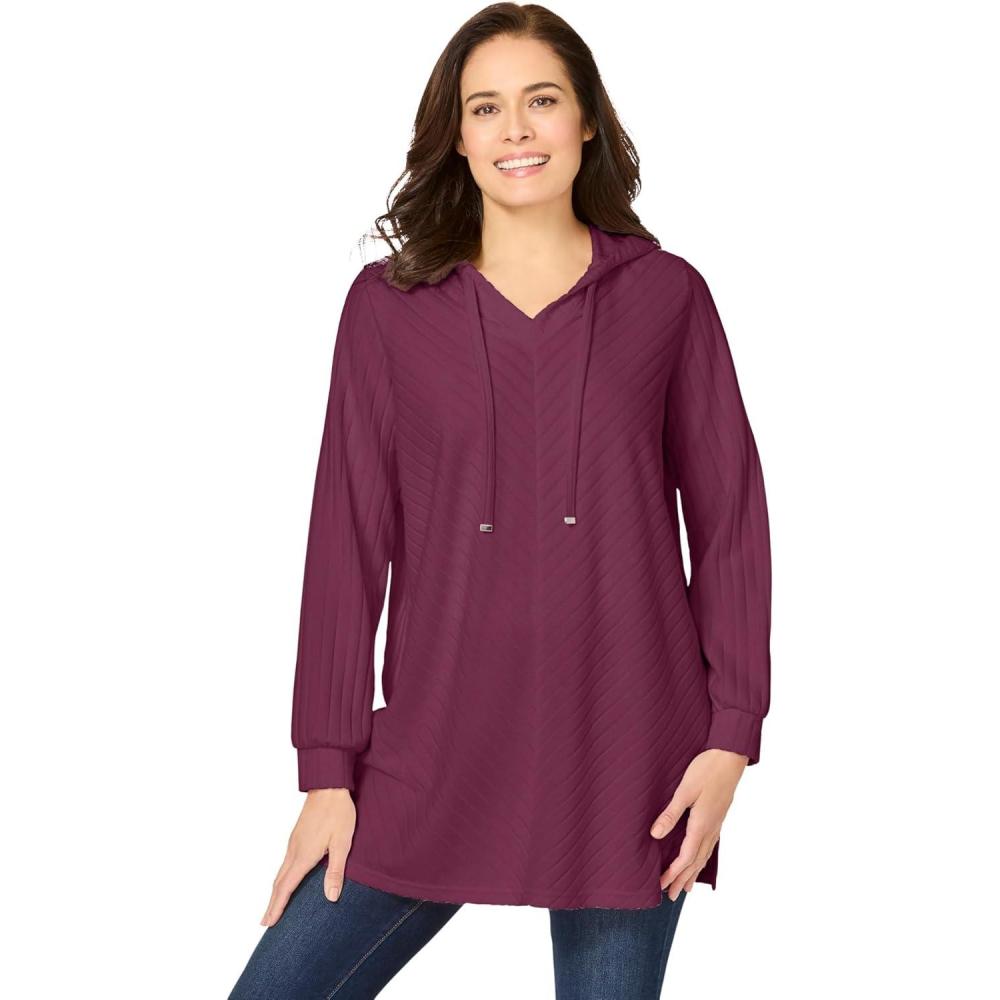 imageWoman Within Plus Size RibKnit Sherpa Hoodie SweatshirtDeep Claret