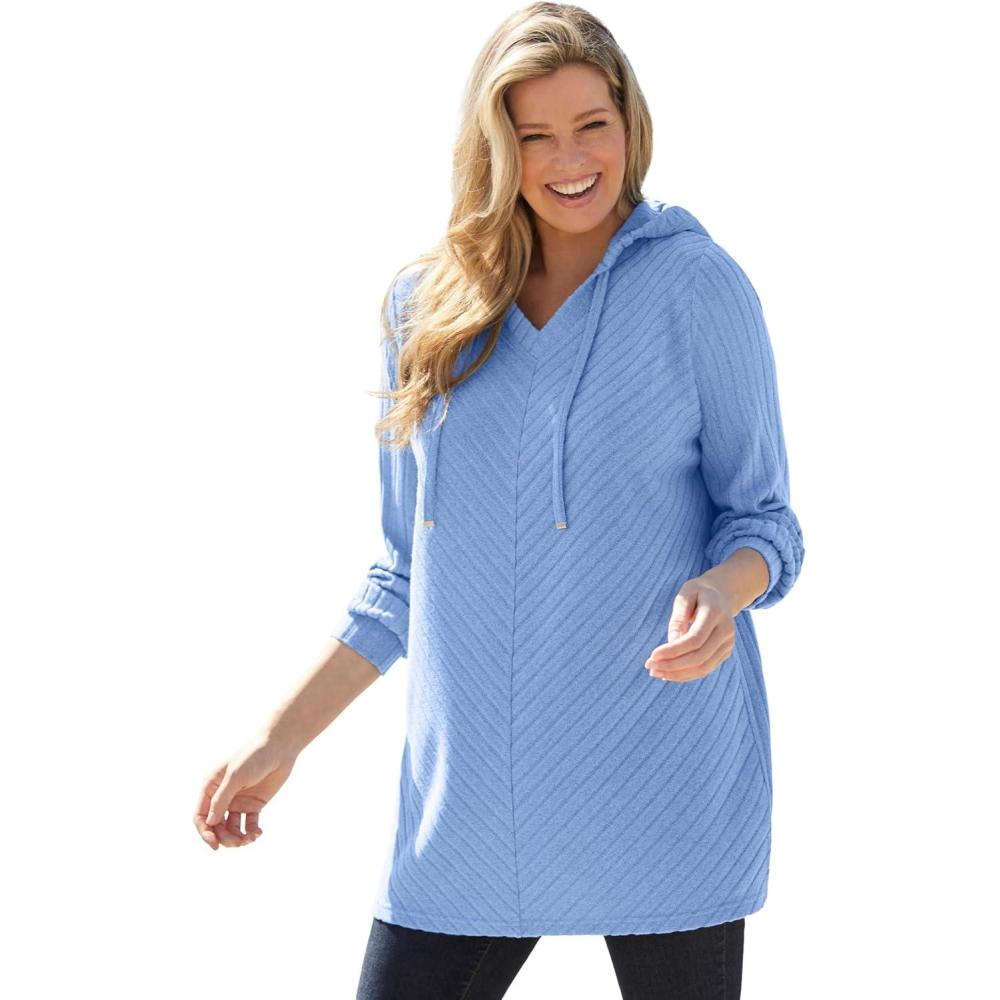 imageWoman Within Plus Size RibKnit Sherpa Hoodie SweatshirtFrench Blue