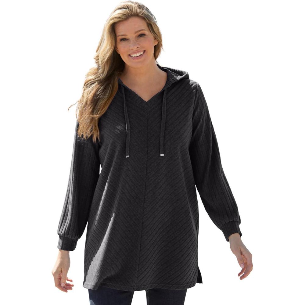 imageWoman Within Plus Size RibKnit Sherpa Hoodie SweatshirtHeather Charcoal