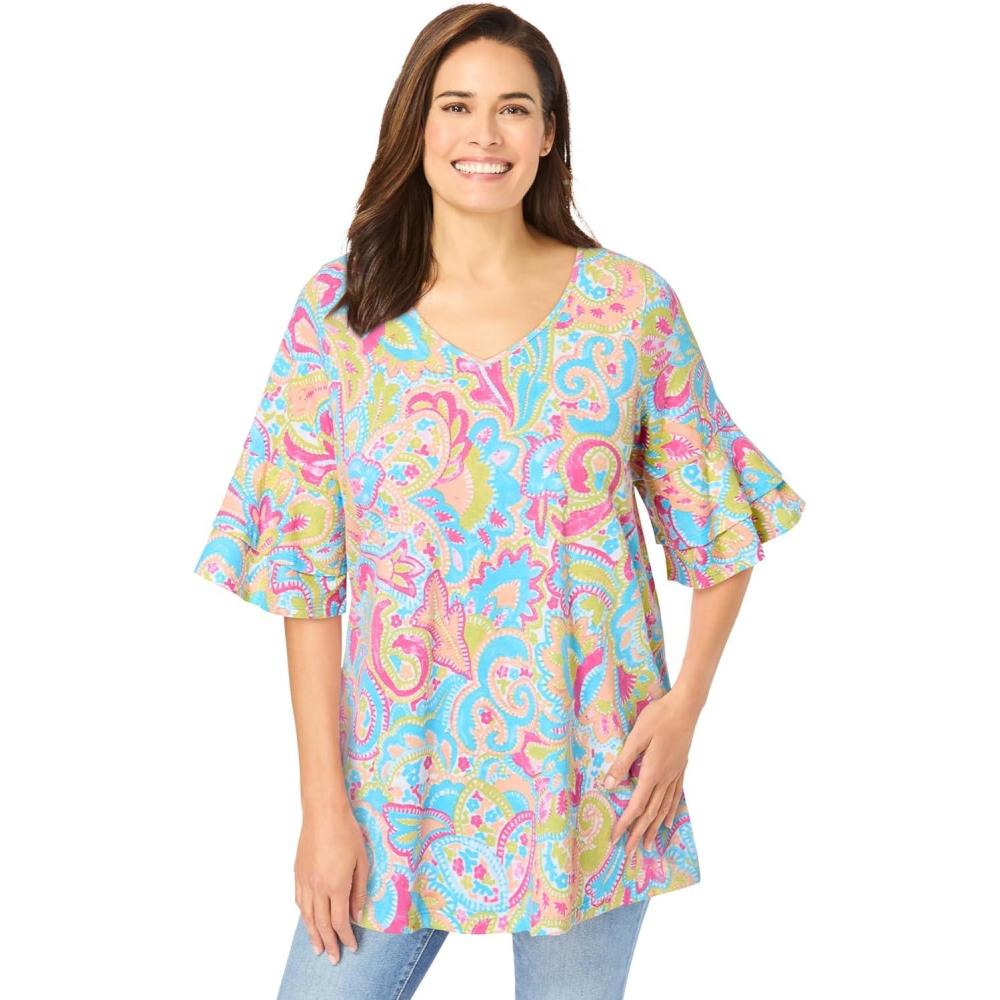 imageWoman Within Plus Size Ruffled ElbowSleeve TunicParadise Blue Multi Paisley