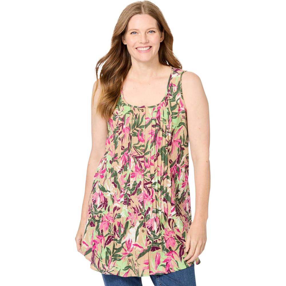 imageWoman Within Plus Size Sleeveless Pintuck Gauze ShirtNew Khaki Palm Leaf