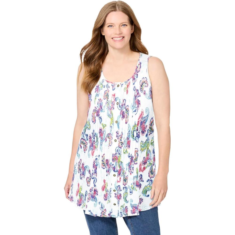 imageWoman Within Plus Size Sleeveless Pintuck Gauze ShirtWhite Painterly Paisley