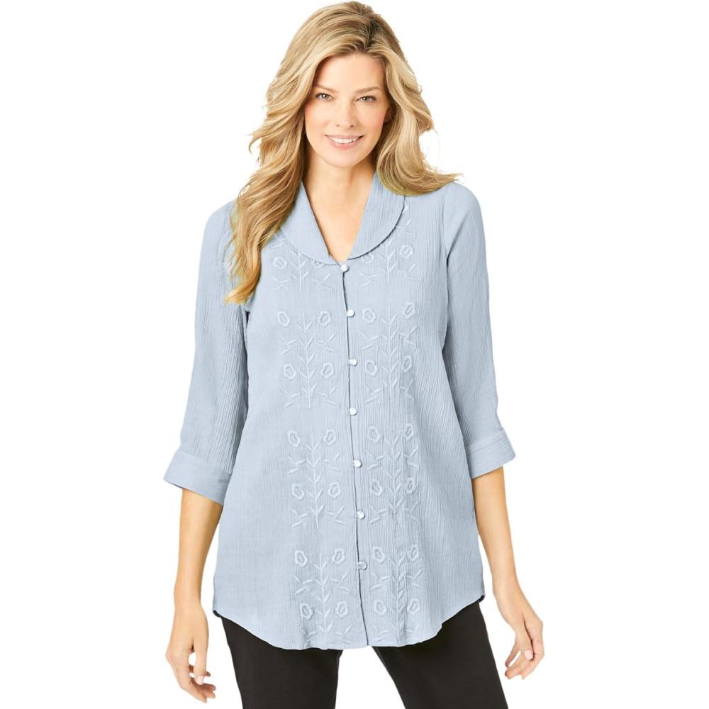 imageWoman Within Plus Size Textured Gauze Tunic With Shawl CollarPearl Grey