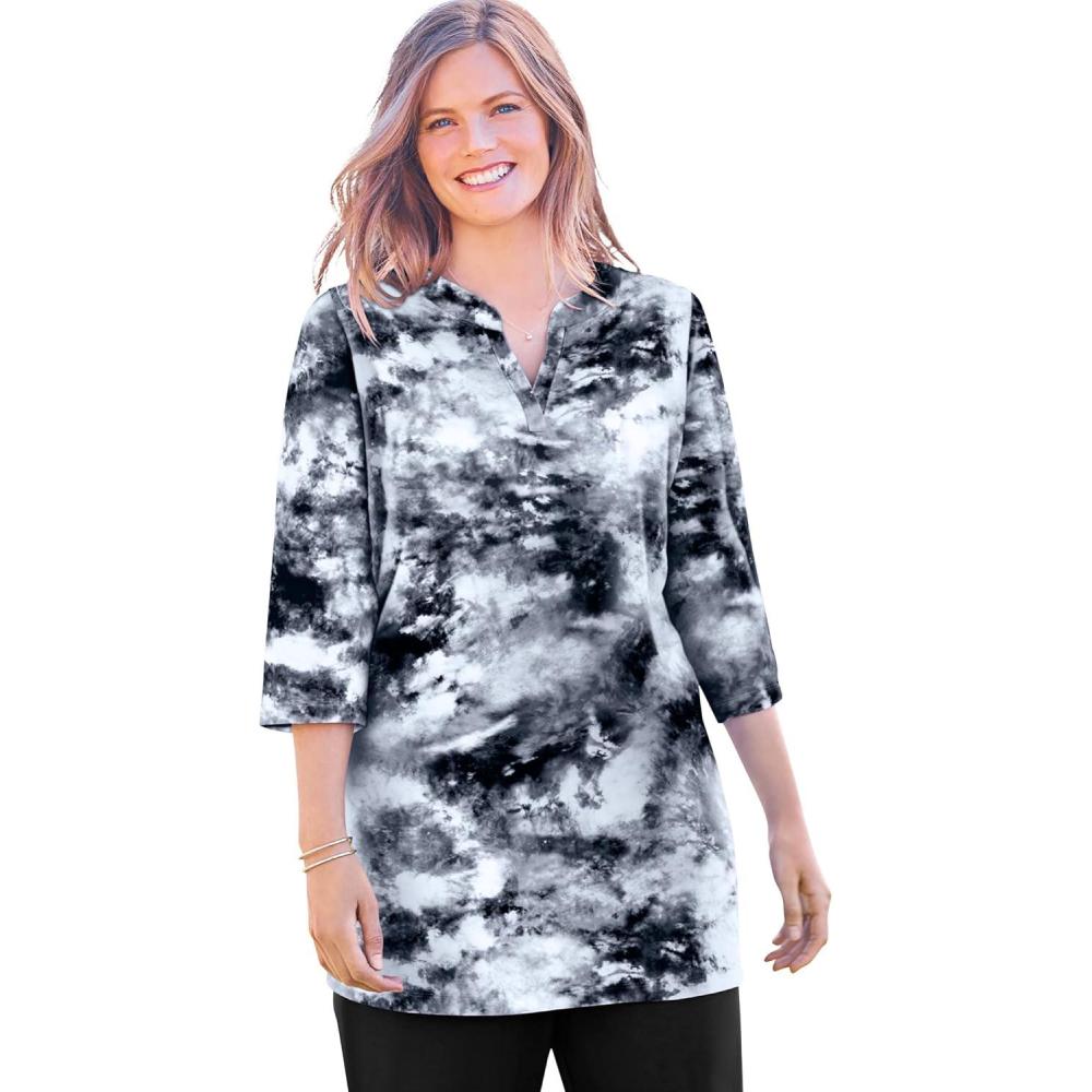 imageWoman Within Plus Size ThreeQuarter Sleeve NotchNeck TunicBlack Pretty Tie Dye