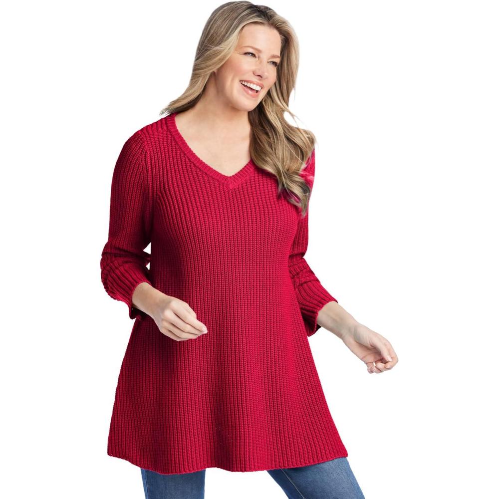 imageWoman Within Plus Size VNeck Shaker Trapeze SweaterVivid Red