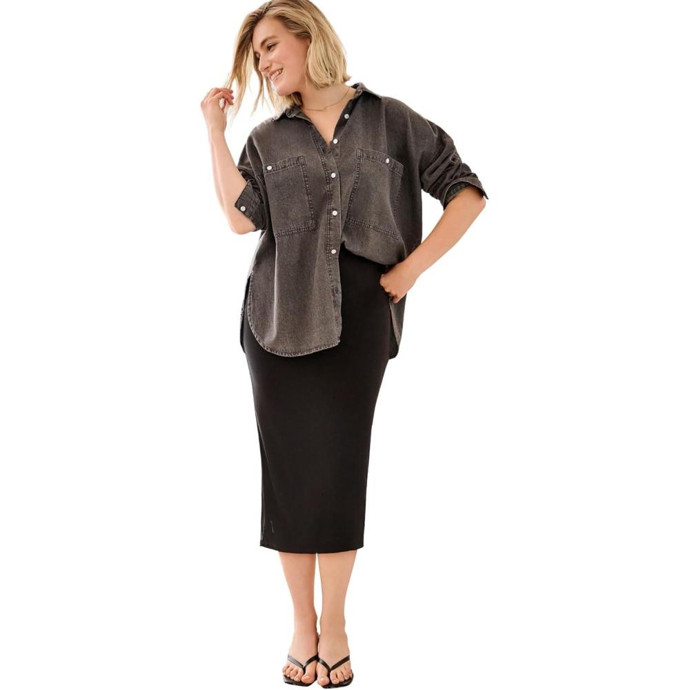 imageellos Plus Size Oversized ButtonFront Denim ShirtDark Grey Wash