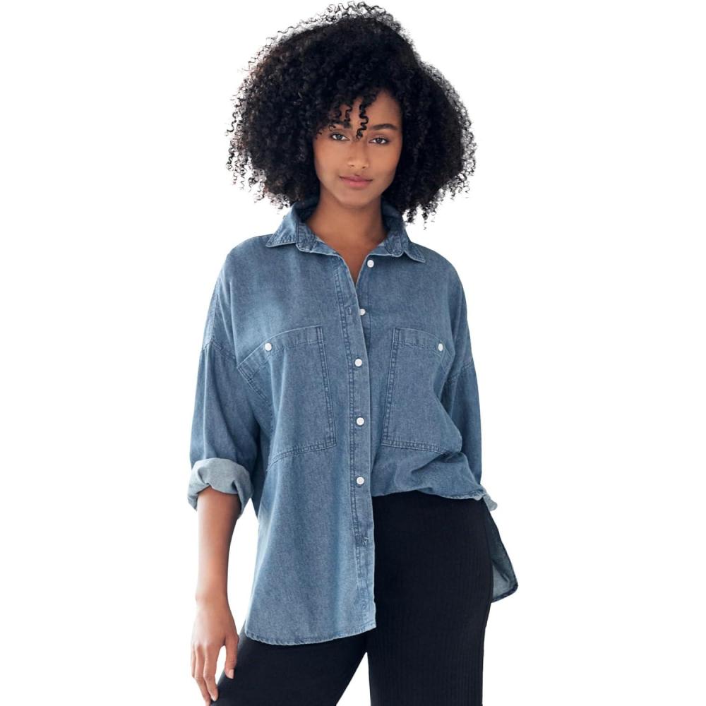imageellos Plus Size Oversized ButtonFront Denim ShirtMedium Stonewash