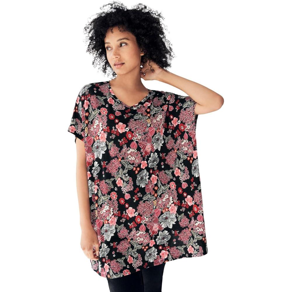 imageellos Plus Size Oversized TunicBlack Floral Print