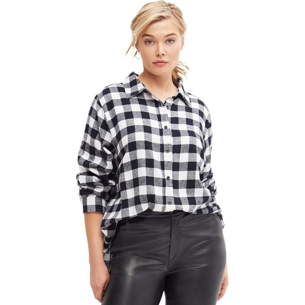 imageellos Plus Size Plaid Flannel ShirtBlack White Plaid
