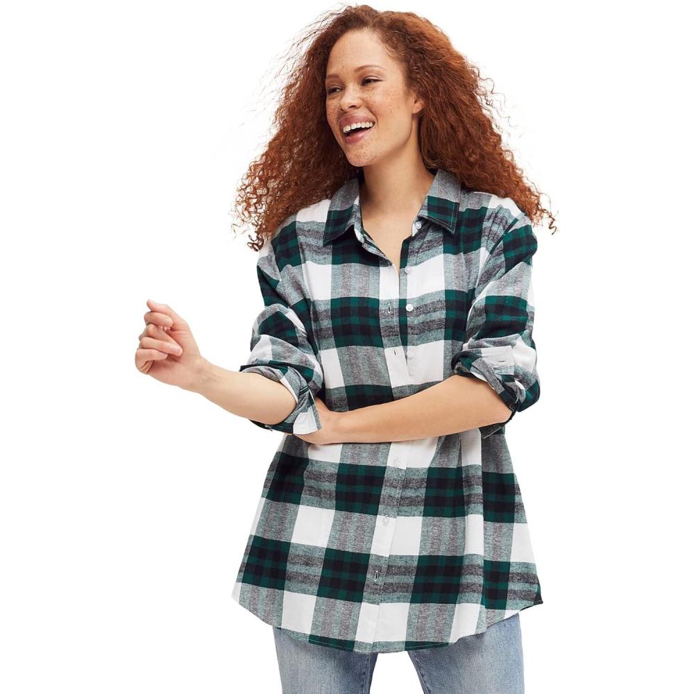 imageellos Plus Size Plaid Flannel ShirtDeep Emerald Plaid