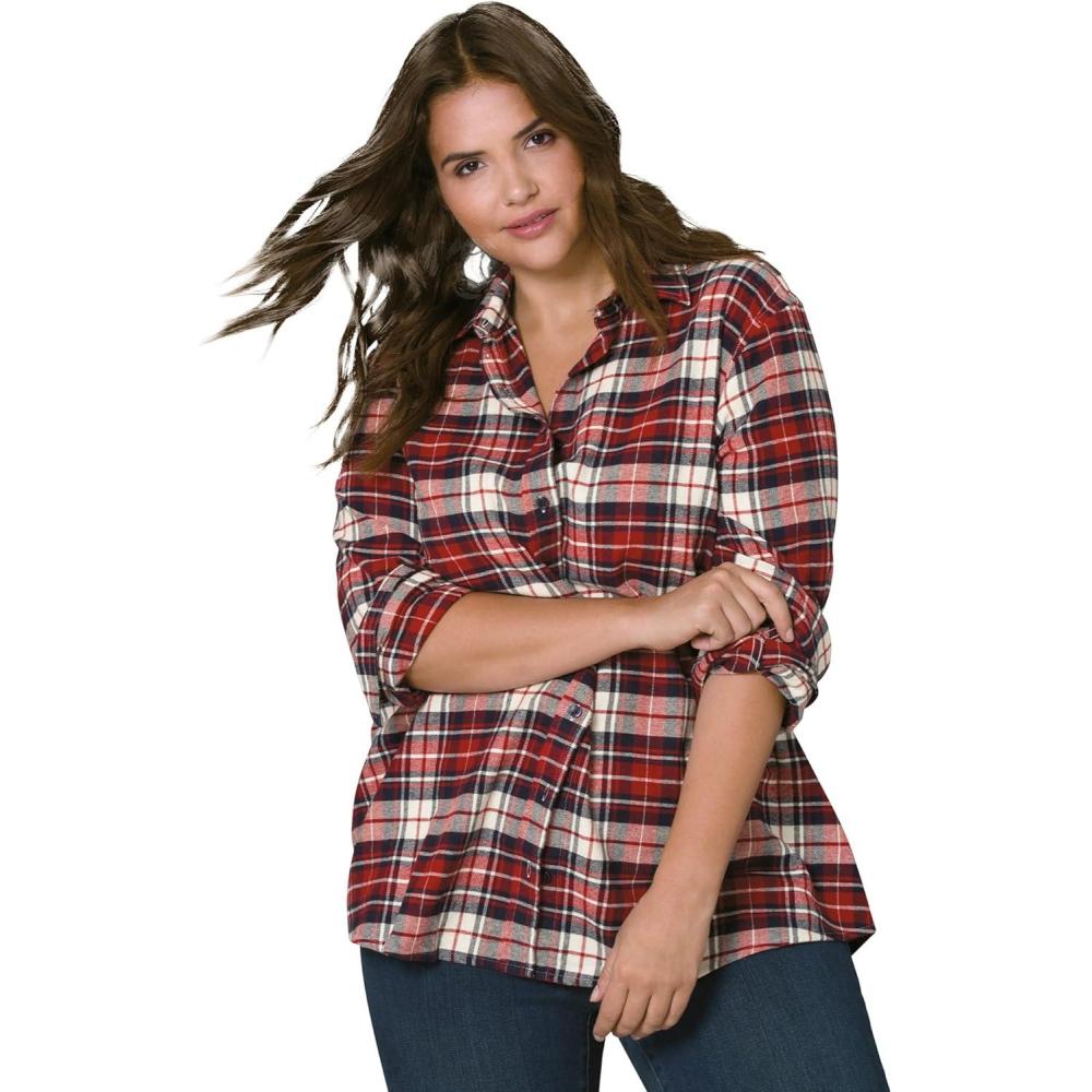imageellos Plus Size Plaid Flannel ShirtRed Multi Plaid