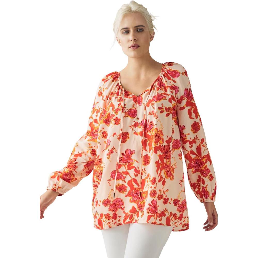 imageellos Plus Size Tie Neck Peasant TunicLight Coral Floral