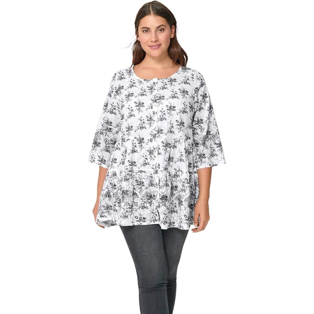 imageellos Plus Size Tiered Floral 34 Sleeve TunicBlack White Print